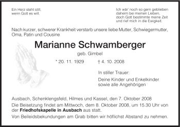 Traueranzeige von Marianne Schwamberger von HERSFELDER ZEITUNG
