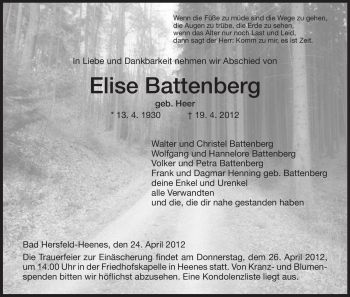 Traueranzeige von Elise Battenberg von HERSFELDER ZEITUNG