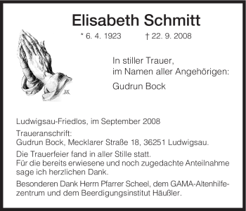 Traueranzeige von Elisabeth Schmitt von HERSFELDER ZEITUNG