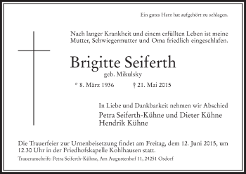 Traueranzeige von Brigitte Seiferth von Hersfeld