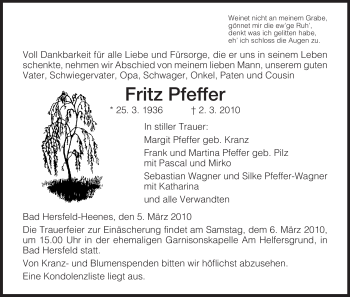 Traueranzeige von Fritz Pfeffer von HERSFELDER ZEITUNG