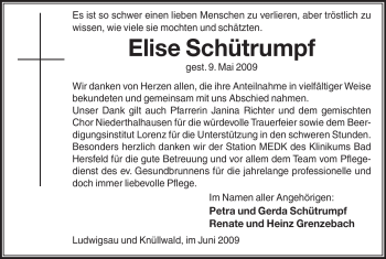 Traueranzeige von Elise Schütrumpf von HERSFELDER ZEITUNG