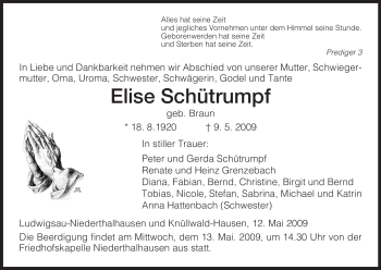 Traueranzeige von Elise Schütrumpf von HERSFELDER ZEITUNG