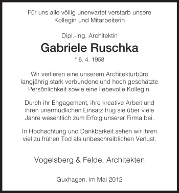 Traueranzeige von Gabriele Ruschka von HERSFELDER ZEITUNG