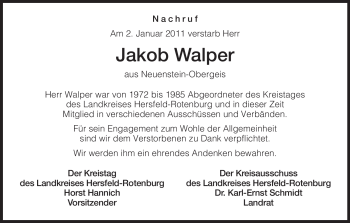 Traueranzeige von Jakob Walper von HERSFELDER ZEITUNG