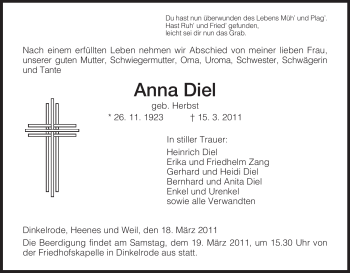 Traueranzeige von Anna Diel von HERSFELDER ZEITUNG