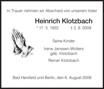 Traueranzeige von Heinrich Klotzbach von HERSFELDER ZEITUNG