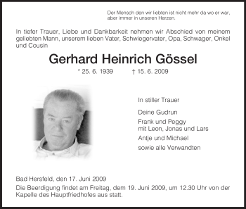 Traueranzeige von Gerhard Heinrich Gössel von HERSFELDER ZEITUNG