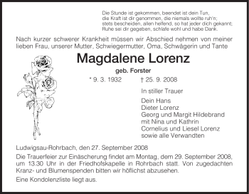 Traueranzeige von Magdalene Lorenz von HERSFELDER ZEITUNG