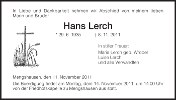 Traueranzeige von Hans Lerch von HERSFELDER ZEITUNG