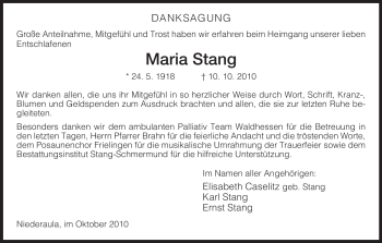 Traueranzeige von Maria Stang von HERSFELDER ZEITUNG