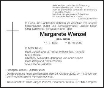 Traueranzeige von Margarete Wenzel von HERSFELDER ZEITUNG