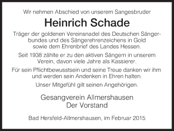 Traueranzeige von Heinrich Schade von Hersfeld