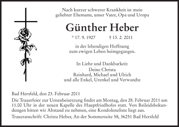 Traueranzeige von Günther Heber von HERSFELDER ZEITUNG