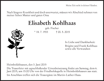 Traueranzeige von Elisabeth Kohlhaas von Hersfeld