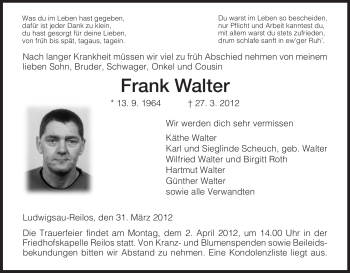 Traueranzeige von Frank Walter von HERSFELDER ZEITUNG