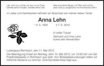 Traueranzeige von Anna Lehn von HERSFELDER ZEITUNG