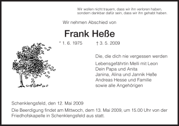 Traueranzeige von Frank Heße von HERSFELDER ZEITUNG