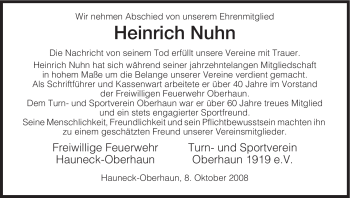 Traueranzeige von Heinrich Nuhn von HERSFELDER ZEITUNG