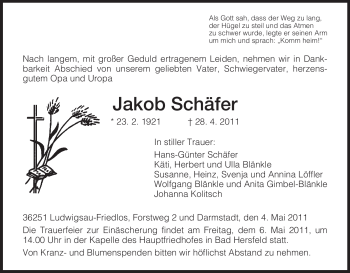 Traueranzeige von Jakob Schäfer von HERSFELDER ZEITUNG