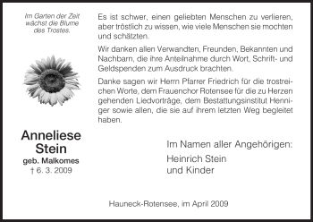 Traueranzeige von Anneliese Stein von HERSFELDER ZEITUNG