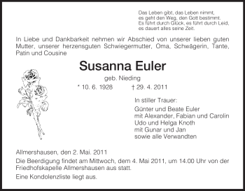 Traueranzeige von Susanna Euler von HERSFELDER ZEITUNG