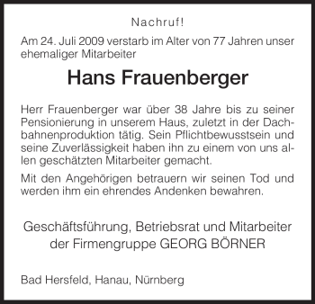 Traueranzeige von Hans Frauenberger von HERSFELDER ZEITUNG