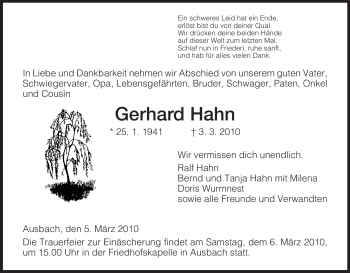 Traueranzeige von Gerhard Hahn von HERSFELDER ZEITUNG