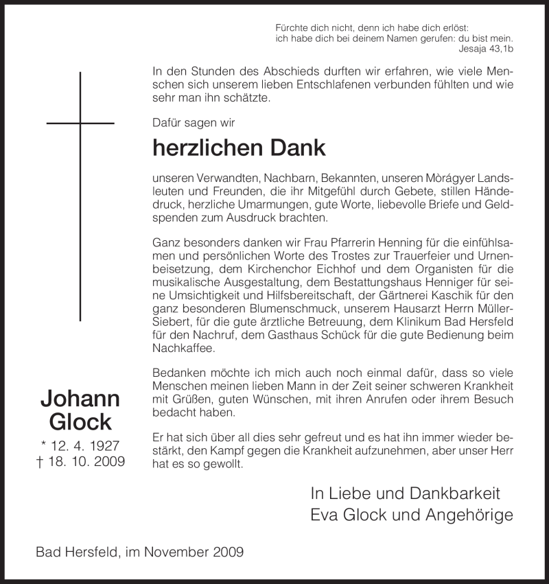  Traueranzeige für Johann Glock vom 21.11.2009 aus HERSFELDER ZEITUNG