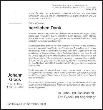 Traueranzeige von Johann Glock von HERSFELDER ZEITUNG