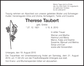 Traueranzeige von Therese Taubert von HERSFELDER ZEITUNG