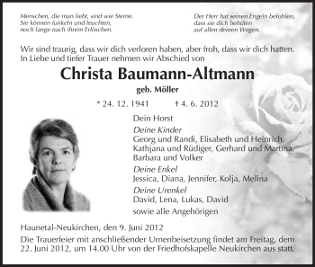 Traueranzeige von Christa Baumann-Altmann von HERSFELDER ZEITUNG