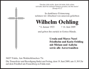 Traueranzeige von Wilhelm Oehling von HERSFELDER ZEITUNG