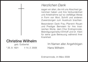 Traueranzeige von Christine Wilhelm von HERSFELDER ZEITUNG