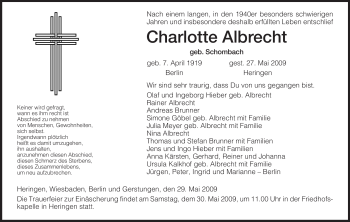 Traueranzeige von Charlotte Albrecht von HERSFELDER ZEITUNG