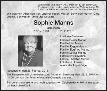 Traueranzeige von Sophie Manns von Hersfeld