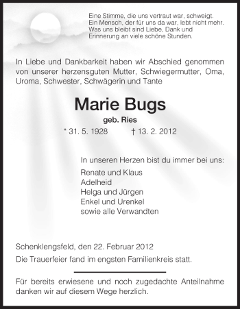 Traueranzeige von Marie Bugs von HERSFELDER ZEITUNG