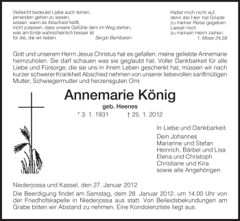 Traueranzeige von Annemarie König von HERSFELDER ZEITUNG