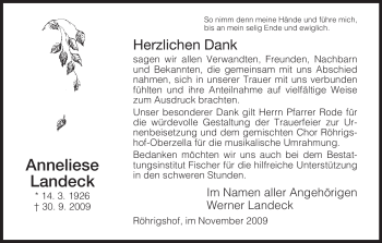 Traueranzeige von Anneliese Landeck von HERSFELDER ZEITUNG