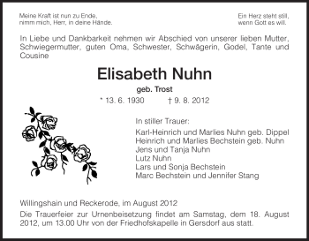 Traueranzeige von Elisabeth Nuhn von HERSFELDER ZEITUNG