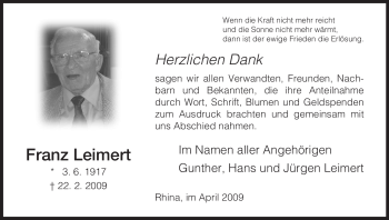 Traueranzeige von Franz Leimert von HERSFELDER ZEITUNG