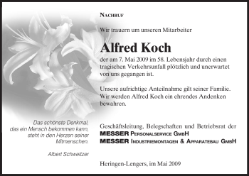 Traueranzeige von Alfred Koch von HERSFELDER ZEITUNG