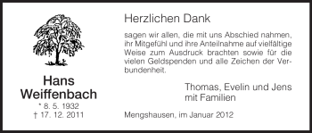 Traueranzeige von Hans Weiffenbach von HERSFELDER ZEITUNG