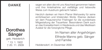 Traueranzeige von Dorothea Sänger von HERSFELDER ZEITUNG