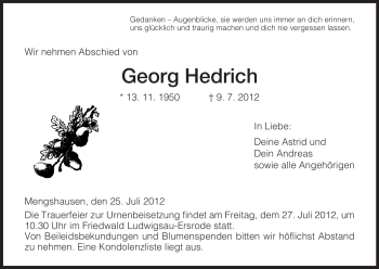 Traueranzeige von Georg Hedrich von HERSFELDER ZEITUNG