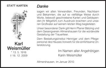 Traueranzeige von Karl Weismüller von HERSFELDER ZEITUNG