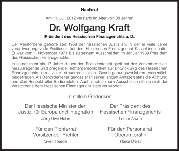 Traueranzeige von Wolfgang Kraft von HERSFELDER ZEITUNG