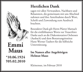 Traueranzeige von Emmi Maus von HERSFELDER ZEITUNG