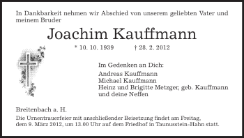 Traueranzeige von Joachim Kauffmann von HERSFELDER ZEITUNG