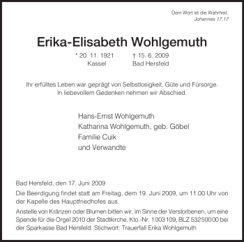 Traueranzeige von Erika-Elisabeth Wohlgemuth von HERSFELDER ZEITUNG
